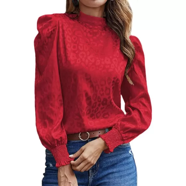 LYANER Women's Satin Mock Neck Puff Long Sleeve Keyhole Work Blouse Top