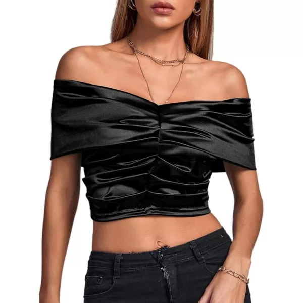 LYANER Women's Satin Off Shoulder Sexy Ruched Short Sleeve Slim Fit Blouse Crop Top