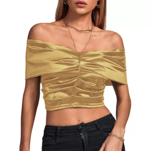 LYANER Women's Satin Off Shoulder Sexy Ruched Short Sleeve Slim Fit Blouse Crop Top