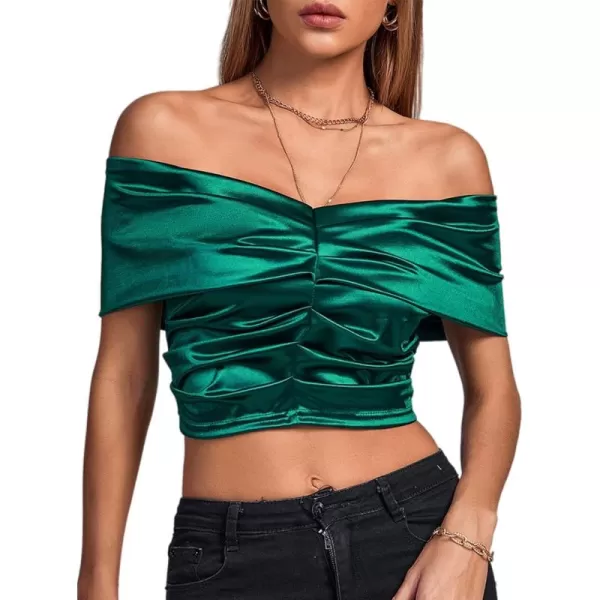 LYANER Women's Satin Off Shoulder Sexy Ruched Short Sleeve Slim Fit Blouse Crop Top