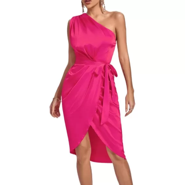 LYANER Women's Satin One Shoulder Shoulder Ruched Sleeveless Split Wrap Hem Self Belted Midi Dress