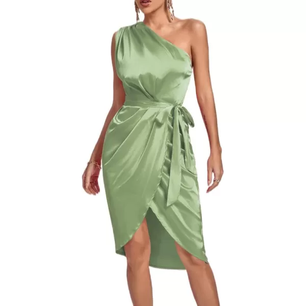 LYANER Women's Satin One Shoulder Shoulder Ruched Sleeveless Split Wrap Hem Self Belted Midi Dress