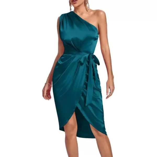 LYANER Women's Satin One Shoulder Shoulder Ruched Sleeveless Split Wrap Hem Self Belted Midi Dress