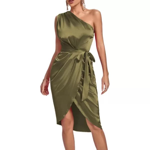 LYANER Women's Satin One Shoulder Shoulder Ruched Sleeveless Split Wrap Hem Self Belted Midi Dress