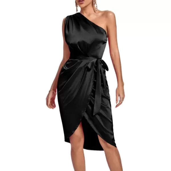 LYANER Women's Satin One Shoulder Shoulder Ruched Sleeveless Split Wrap Hem Self Belted Midi Dress