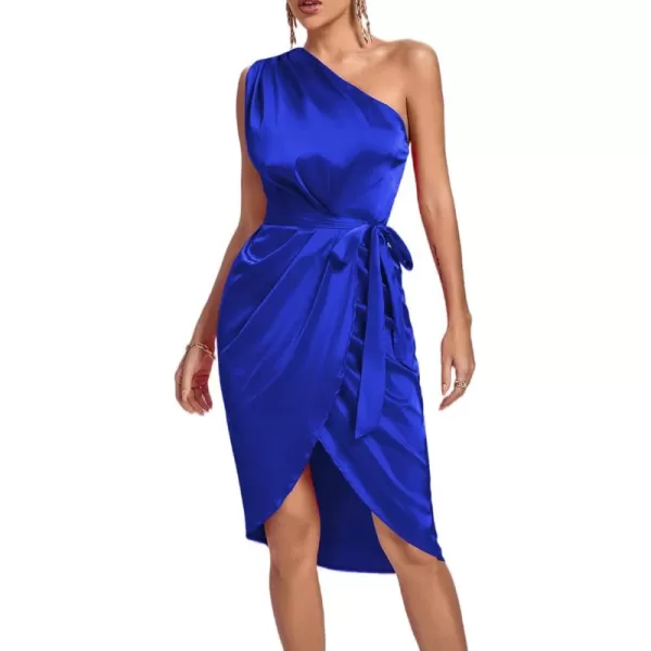 LYANER Women's Satin One Shoulder Shoulder Ruched Sleeveless Split Wrap Hem Self Belted Midi Dress