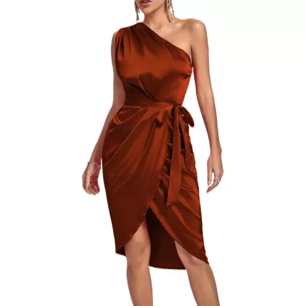 LYANER Women's Satin One Shoulder Shoulder Ruched Sleeveless Split Wrap Hem Self Belted Midi Dress