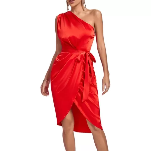 LYANER Women's Satin One Shoulder Shoulder Ruched Sleeveless Split Wrap Hem Self Belted Midi Dress