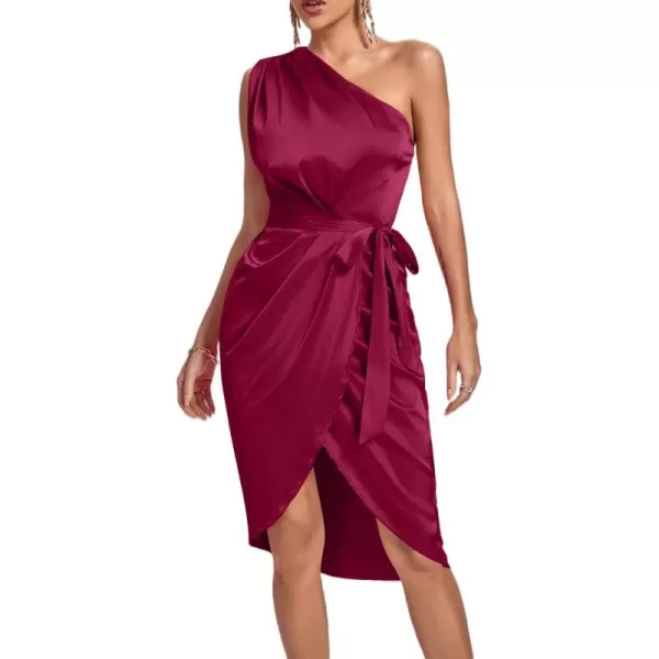 LYANER Women's Satin One Shoulder Shoulder Ruched Sleeveless Split Wrap Hem Self Belted Midi Dress