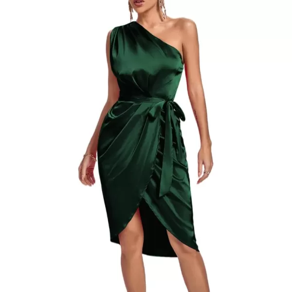 LYANER Women's Satin One Shoulder Shoulder Ruched Sleeveless Split Wrap Hem Self Belted Midi Dress