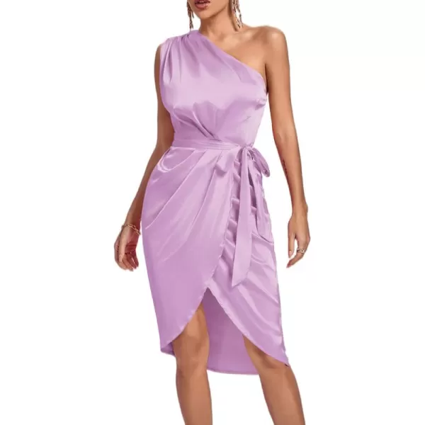LYANER Women's Satin One Shoulder Shoulder Ruched Sleeveless Split Wrap Hem Self Belted Midi Dress