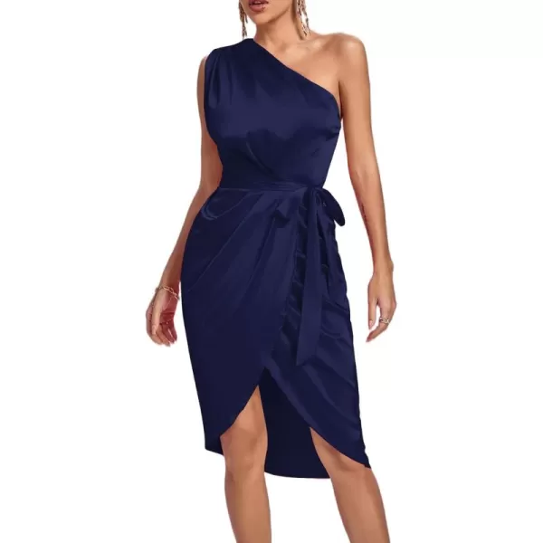 LYANER Women's Satin One Shoulder Shoulder Ruched Sleeveless Split Wrap Hem Self Belted Midi Dress