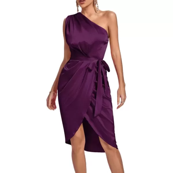 LYANER Women's Satin One Shoulder Shoulder Ruched Sleeveless Split Wrap Hem Self Belted Midi Dress