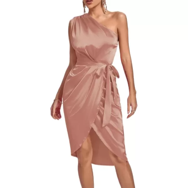 LYANER Women's Satin One Shoulder Shoulder Ruched Sleeveless Split Wrap Hem Self Belted Midi Dress