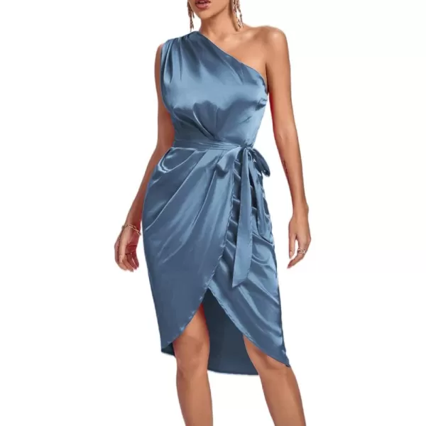 LYANER Women's Satin One Shoulder Shoulder Ruched Sleeveless Split Wrap Hem Self Belted Midi Dress