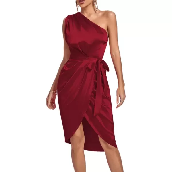 LYANER Women's Satin One Shoulder Shoulder Ruched Sleeveless Split Wrap Hem Self Belted Midi Dress
