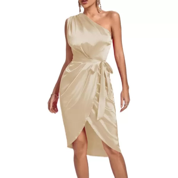 LYANER Women's Satin One Shoulder Shoulder Ruched Sleeveless Split Wrap Hem Self Belted Midi Dress
