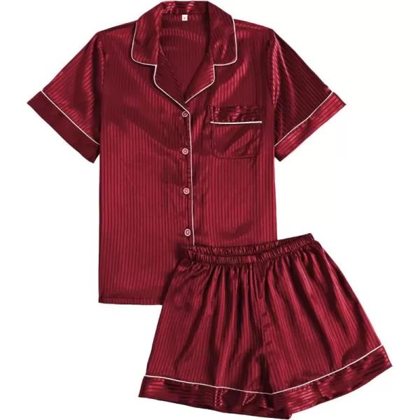 LYANER Women's Satin Pajama Set Collar V Neck Button Down Top with Shorts Striped Sleepwear