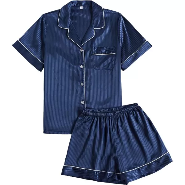 LYANER Women's Satin Pajama Set Collar V Neck Button Down Top with Shorts Striped Sleepwear