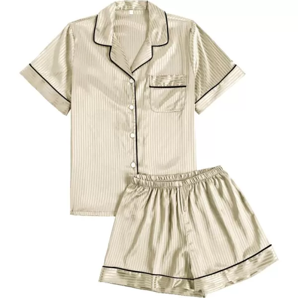 LYANER Women's Satin Pajama Set Collar V Neck Button Down Top with Shorts Striped Sleepwear