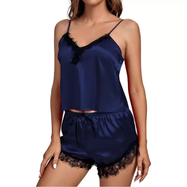 LYANER Women's Satin Pajamas Set 2 Piece Sleepwear Lace Trim Cami Top and Shorts Loungewear