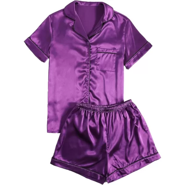 LYANER Women's Satin Pajamas Set Short Sleeve Button Shirt Silky Sleepwear With Shorts Set PJ