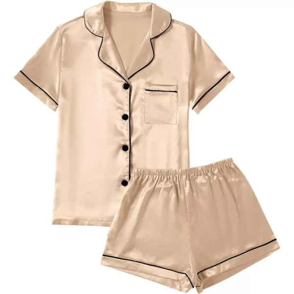 LYANER Women's Satin Pajamas Set Short Sleeve Button Shirt Silky Sleepwear With Shorts Set PJ
