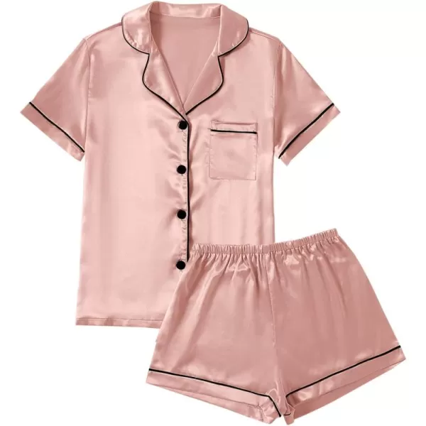 LYANER Women's Satin Pajamas Set Short Sleeve Button Shirt Silky Sleepwear With Shorts Set PJ