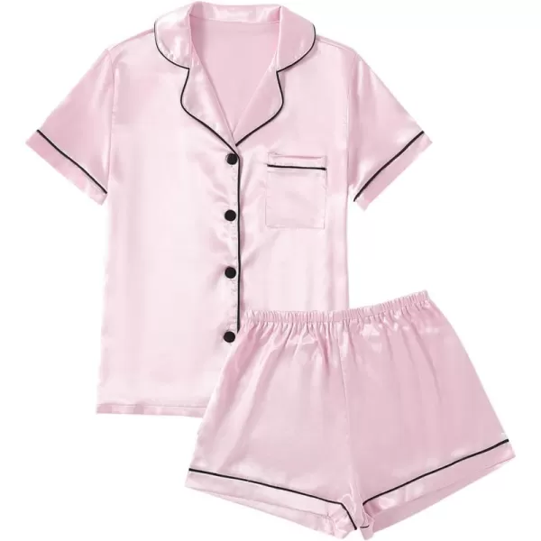 LYANER Women's Satin Pajamas Set Short Sleeve Button Shirt Silky Sleepwear With Shorts Set PJ