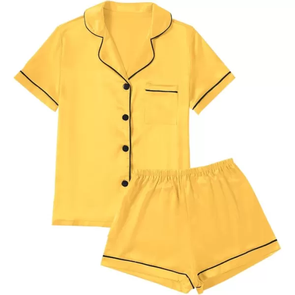 LYANER Women's Satin Pajamas Set Short Sleeve Button Shirt Silky Sleepwear With Shorts Set PJ
