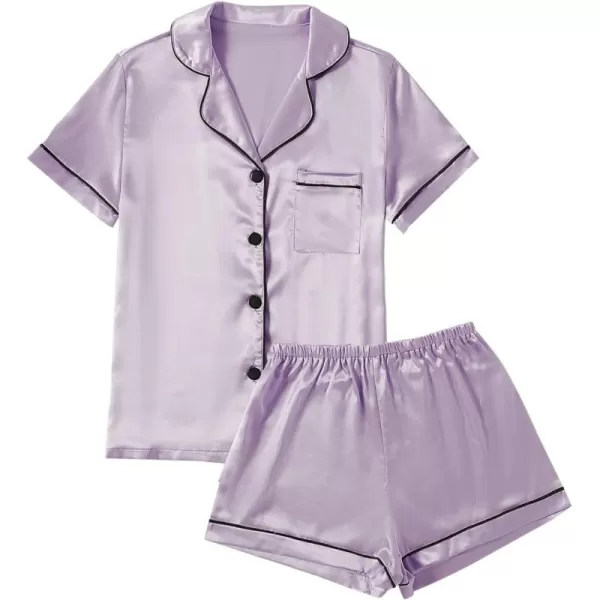 LYANER Women's Satin Pajamas Set Short Sleeve Button Shirt Silky Sleepwear With Shorts Set PJ