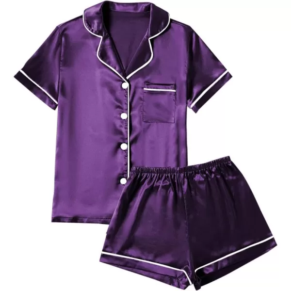 LYANER Women's Satin Pajamas Set Short Sleeve Button Shirt Silky Sleepwear With Shorts Set PJ