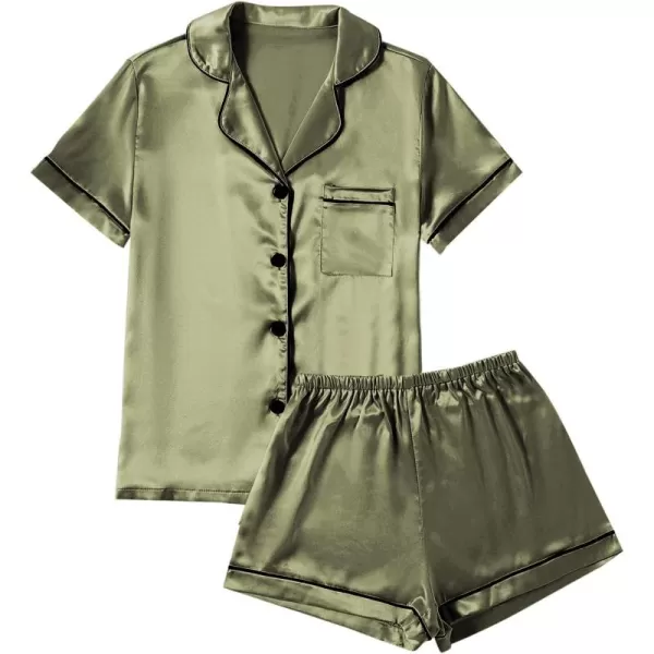 LYANER Women's Satin Pajamas Set Short Sleeve Button Shirt Silky Sleepwear With Shorts Set PJ
