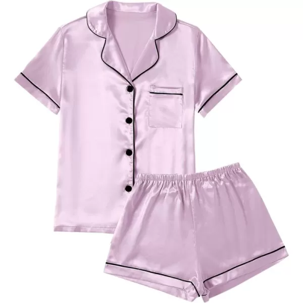 LYANER Women's Satin Pajamas Set Short Sleeve Button Shirt Silky Sleepwear With Shorts Set PJ