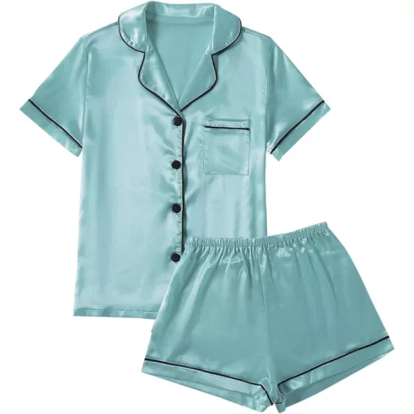 LYANER Women's Satin Pajamas Set Short Sleeve Button Shirt Silky Sleepwear With Shorts Set PJ