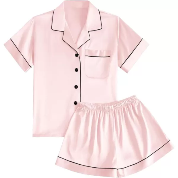 LYANER Women's Satin Pajamas Set Short Sleeve Button Shirt Silky Sleepwear With Shorts Set PJ
