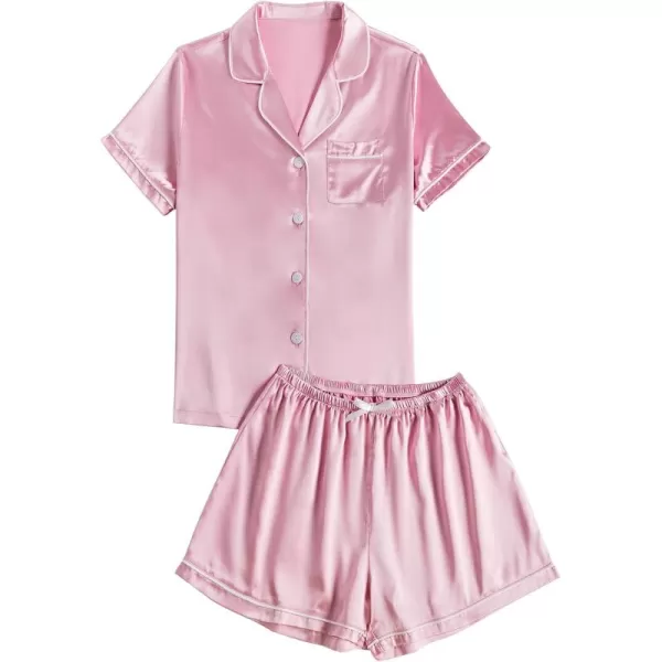 LYANER Women's Satin Pajamas Sets Short Sleeve Button Shirt Silky Sleepwear With Shorts PJs