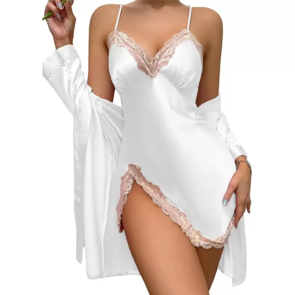 LYANER Women's Satin Robe Set Spaghetti Strap Slip Chemise With Robe 2 Pieces Silk Lingerie Sets