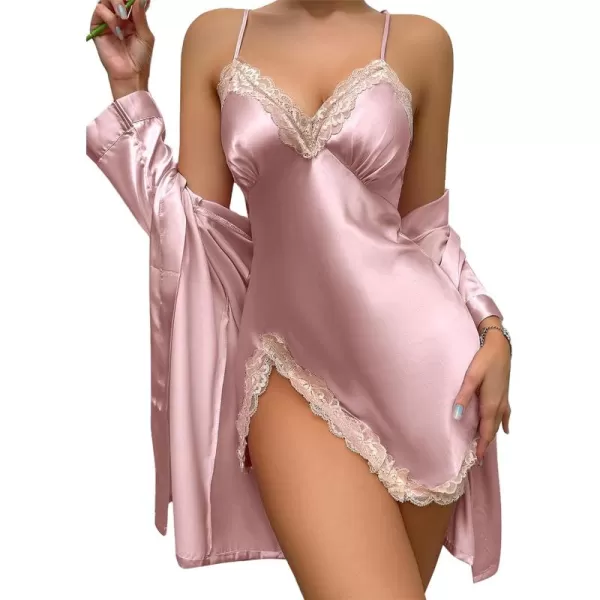 LYANER Women's Satin Robe Set Spaghetti Strap Slip Chemise With Robe 2 Pieces Silk Lingerie Sets