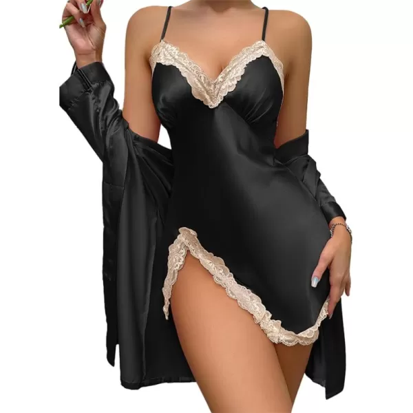 LYANER Women's Satin Robe Set Spaghetti Strap Slip Chemise With Robe 2 Pieces Silk Lingerie Sets
