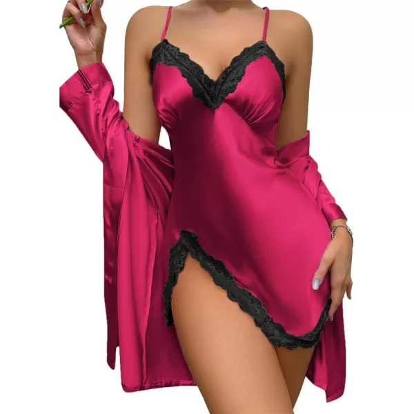 LYANER Women's Satin Robe Set Spaghetti Strap Slip Chemise With Robe 2 Pieces Silk Lingerie Sets