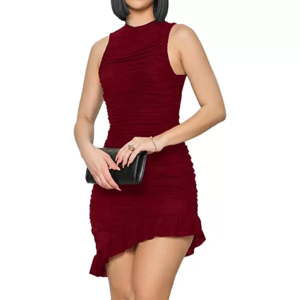 LYANER Women's Satin Ruched Asymmetric Hem Crew Neck Bodycon Sleeveless Mini Dress
