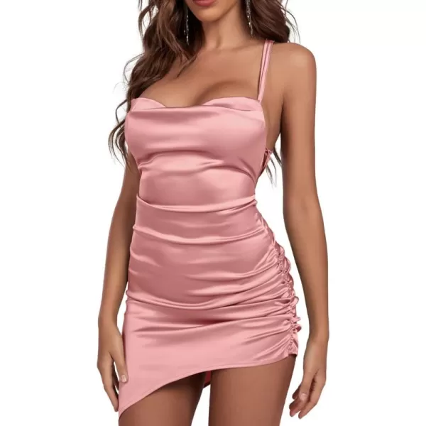 LYANER Women's Satin Ruched Bodycon Spaghetti Strap Sexy Cocktail Mini Dress