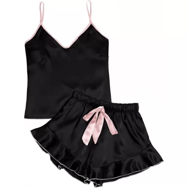 LYANER Women's Satin Silk 2pcs Set Pajamas V Neck Cami Top With Self Tie Shorts Pj Sst Sleepwear