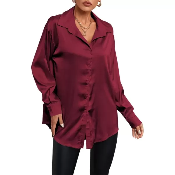 LYANER Women's Satin Silk Collar V Neck Button Down Long Sleeve Blouse Shirt Top
