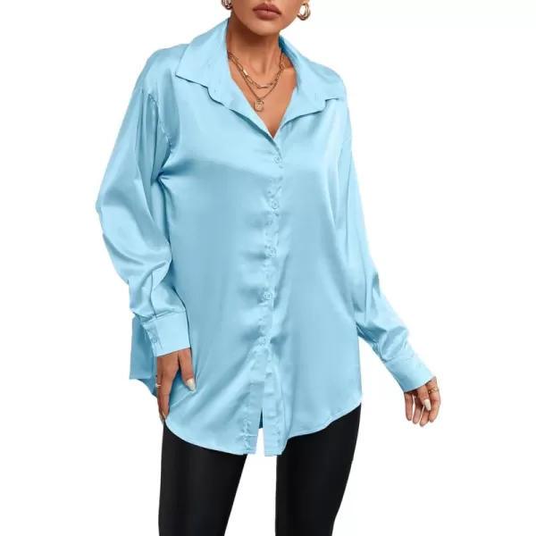 LYANER Women's Satin Silk Collar V Neck Button Down Long Sleeve Blouse Shirt Top