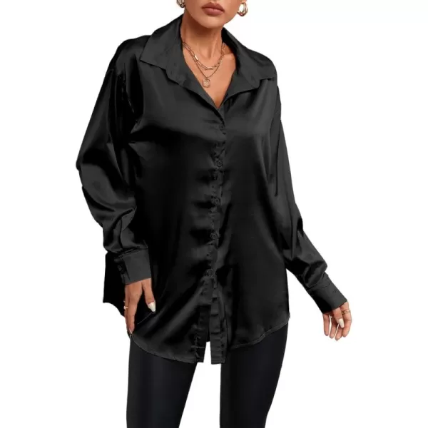 LYANER Women's Satin Silk Collar V Neck Button Down Long Sleeve Blouse Shirt Top
