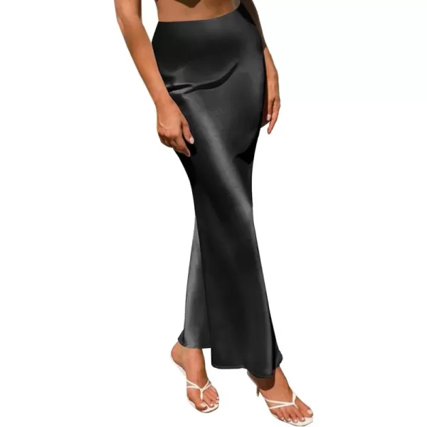 LYANER Women's Satin Silk High Waist Pleated Flared Bodycon Maxi Skirt