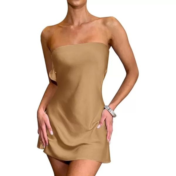 LYANER Women's Satin Silk Hollow Out Back Strapless Tube Bodycon Club Mini Dress