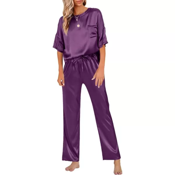 LYANER Women's Satin Silk Pajama Set Short Sleeve T-shirt with Pants Set PJ Loungewear